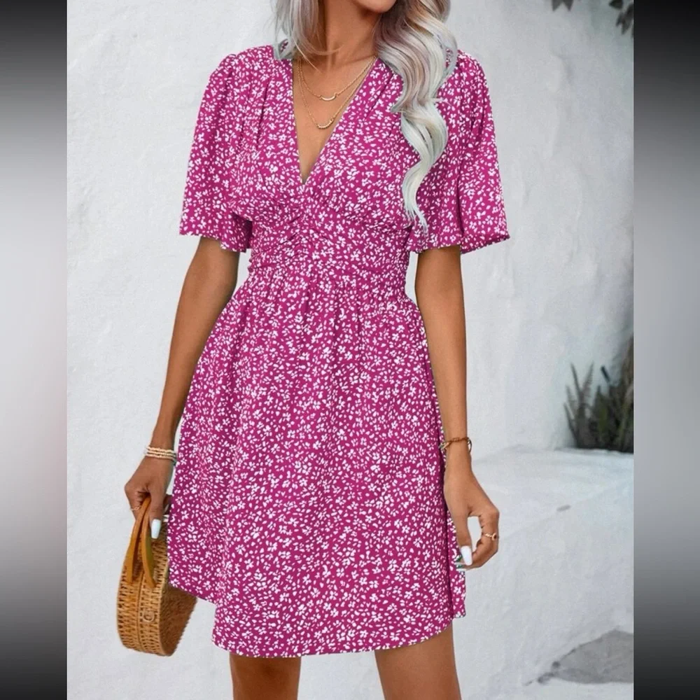 Boho floral print butterfly sleeve mini dress
